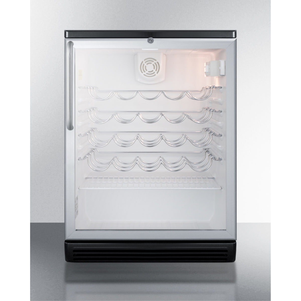 Commercially Approved Counter Height Wine Cellar With Glass Door, Black Cabinet, Lock And Towel Bar Handle
