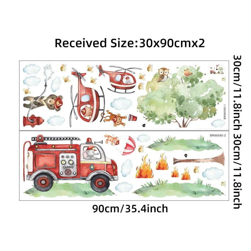 Cartoon Animal Fire Fighting Truck Children Wall Stickers for Nursery Kids Room Baby Bedroom Decoration Living Room Wall Decals