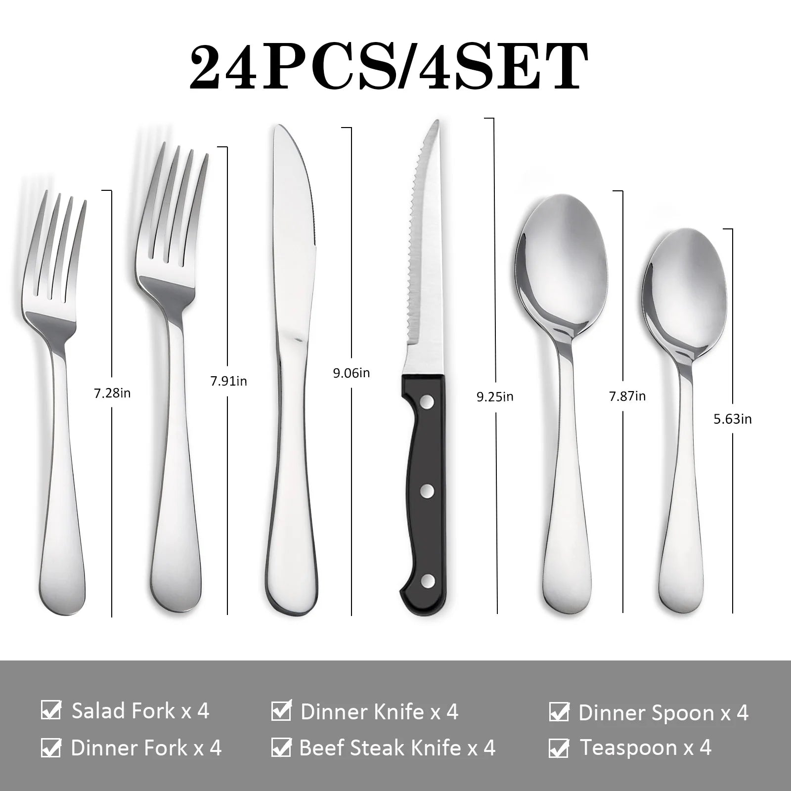 KOOMADE 24Pcs Stainless Steel Flatware Set Service for 4 Mirror Polished Cutlery With Steak Knives Forks Spoons Dishwasher Safe for Home Wedding Holiday Gift
