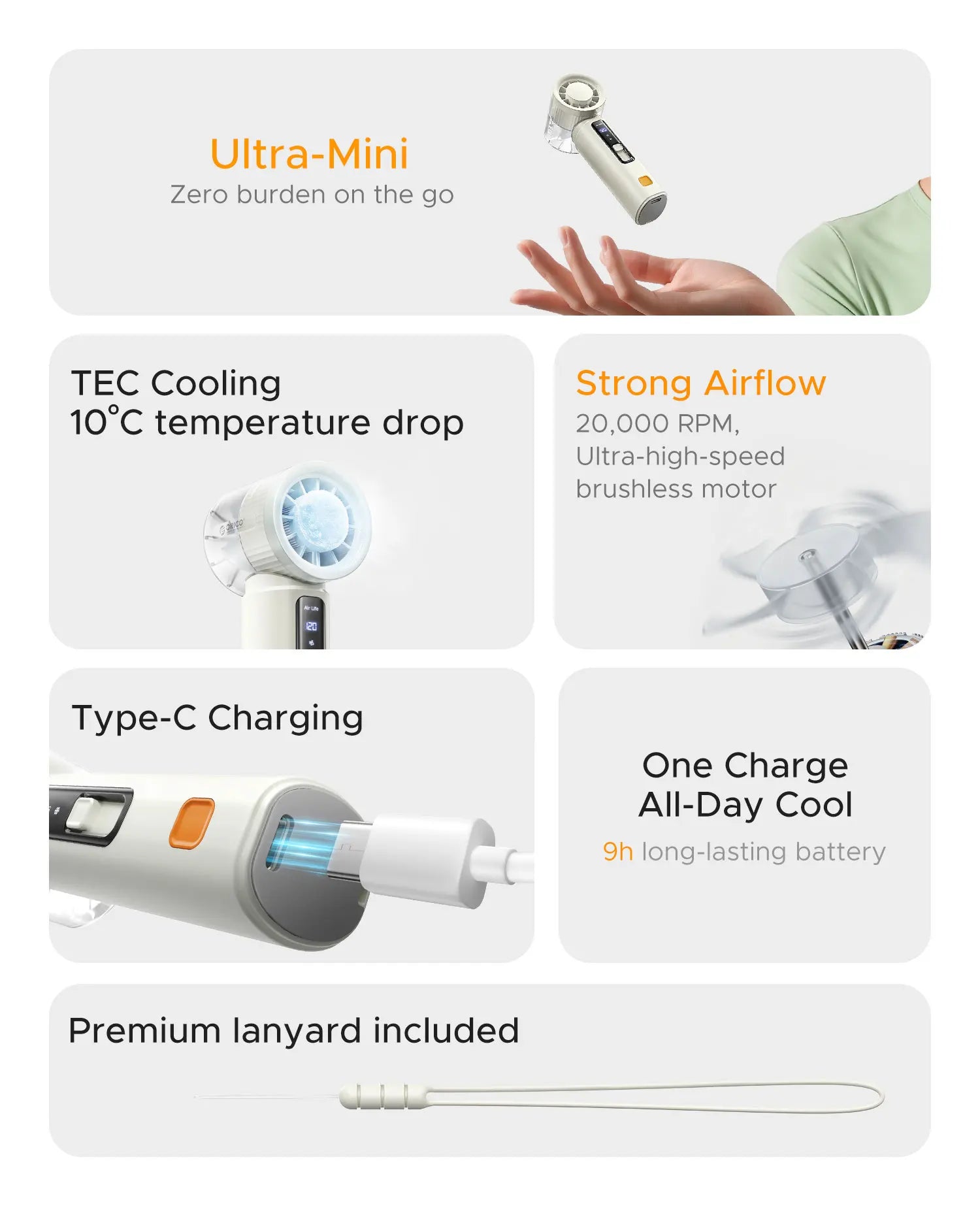 ORICO Portable High Speed Cooling Handheld Fan 3000mAh Rechargeable 120 Wind Speeds Adjustable Mini Foldable Air TEC Cooling
