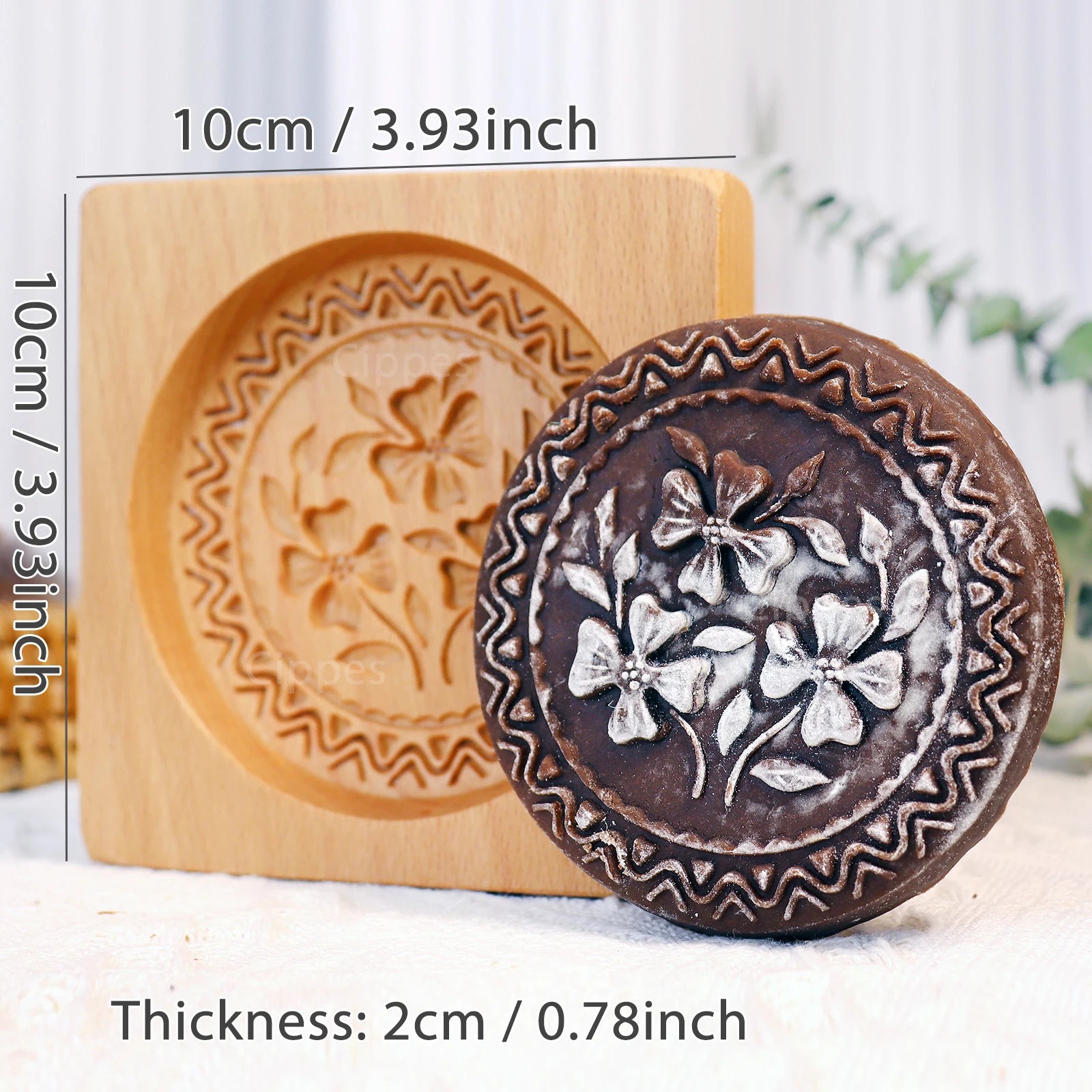 1PC Wood Cookie Mold with Flower Patterns, Christmas 3D DIY Carved Embossed Cookie Cutter Moulds for Baking, Fondant Biscuit