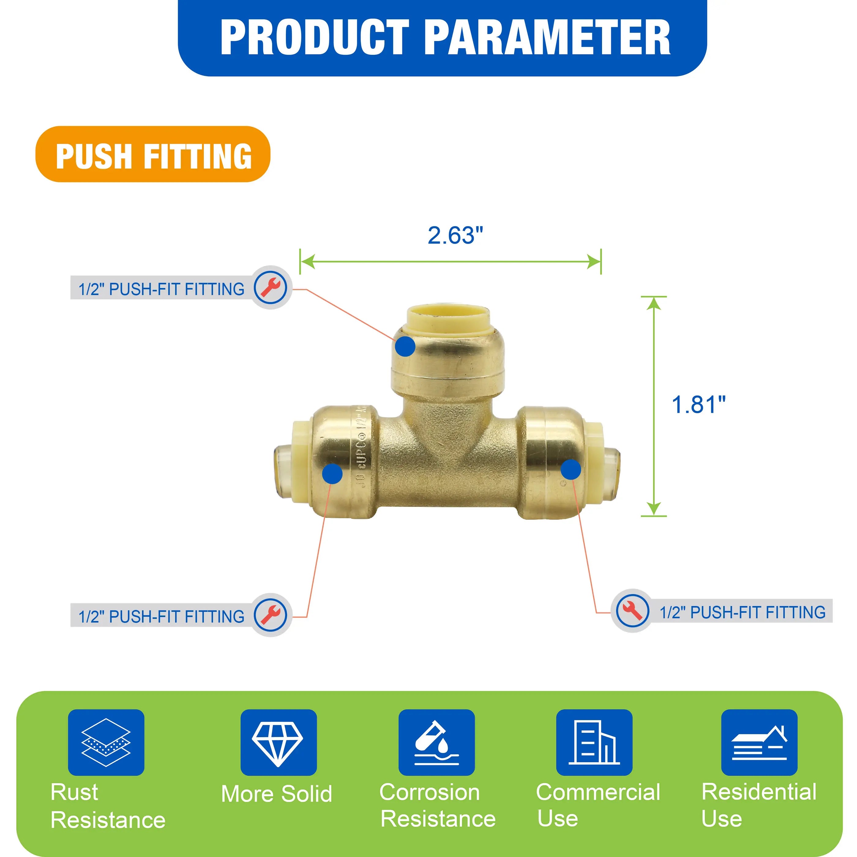 KING SMART 1/2" Push Fit * 1/2" Push Fit * 1/2" Push Fit Fitting TEE; 10Pcs/Case; 80509