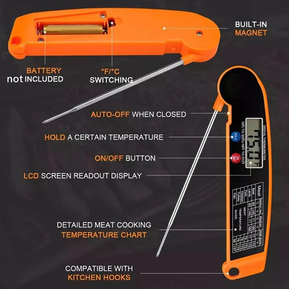 Foldable Digital Food Thermometer - Probe for Meat/Water/Milk/Fry/BBQ, Oven Temperature Gauge, Kitchen Cooking Tool