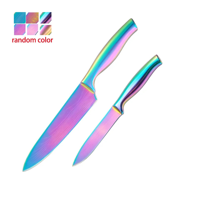 BAFENGS Rainbow Knife Set, Laser Printed Damascus Pattern, Stainless Knives, Chef Bread Santoku Utility Knife, Kitchen Scissors