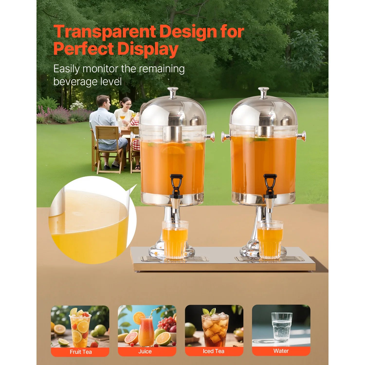 SucceBuy Beverage Dispenser 2.1 Gallon x2 Drink Dispenser, Stainless Steel + Plastic with Spigot Chamber Tray for Restaurants