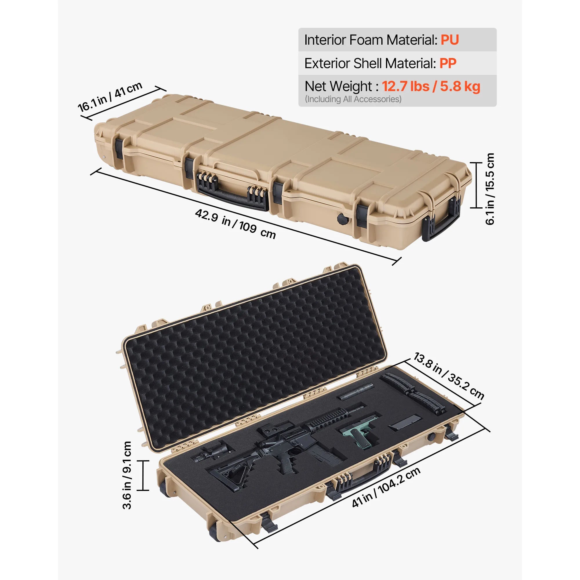 SucceBuy Hard Rifle Case Lockable Rifle Case with Pre-cut Foams Wheels IP67 Waterproof Pistol Storage Cases for Rifles Shotguns