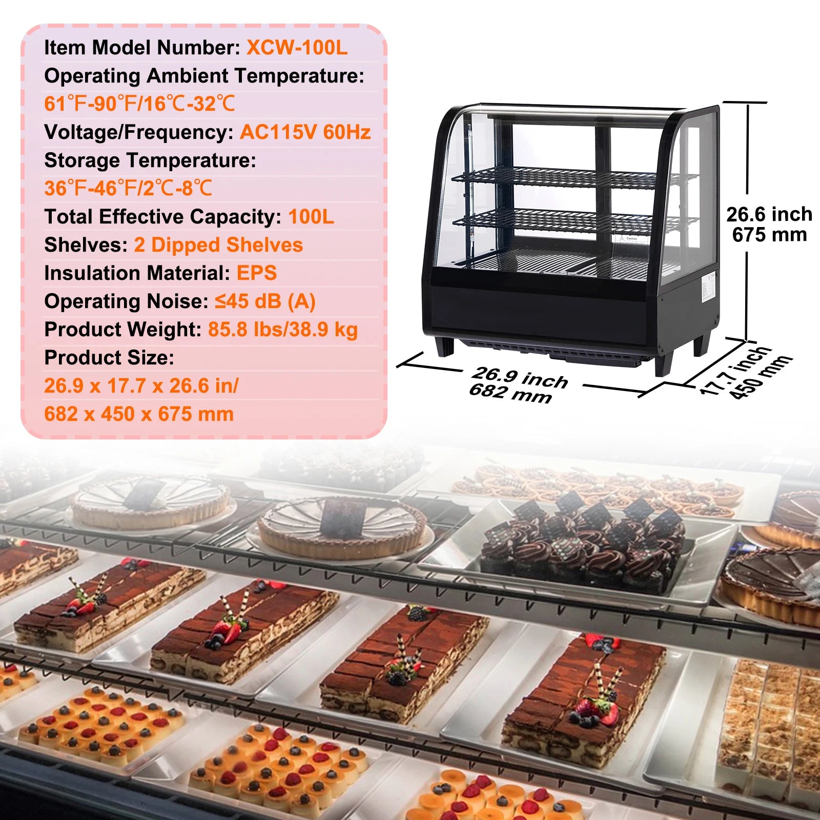 SucceBuy Refrigerated Display Case Countertop Pastry Display Case LED Lighting TURBO Cooling Frost Free Air Cooling