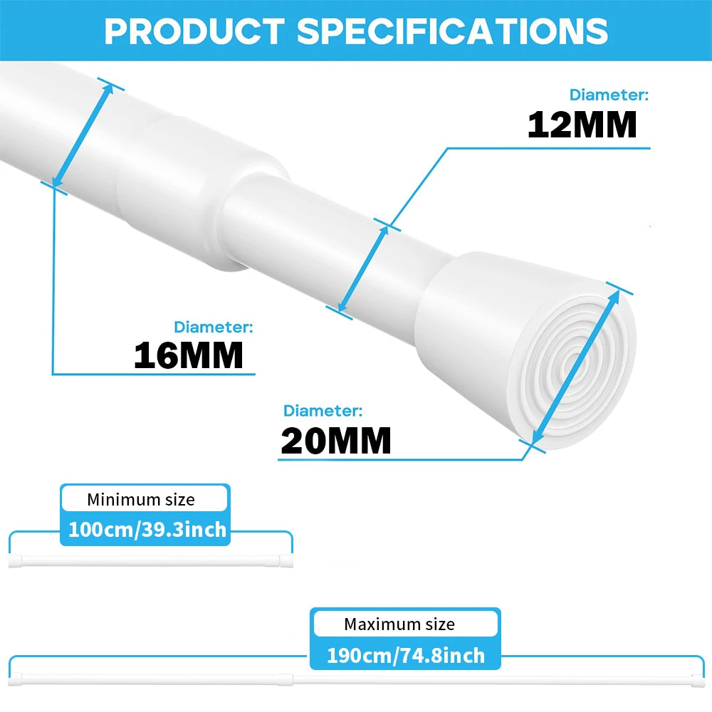 Spring Tension Curtain Rods Durable Adjustable Length Hanging Extendable Telescopic Poles for Bathroom Kitchen Cupboard No Drill