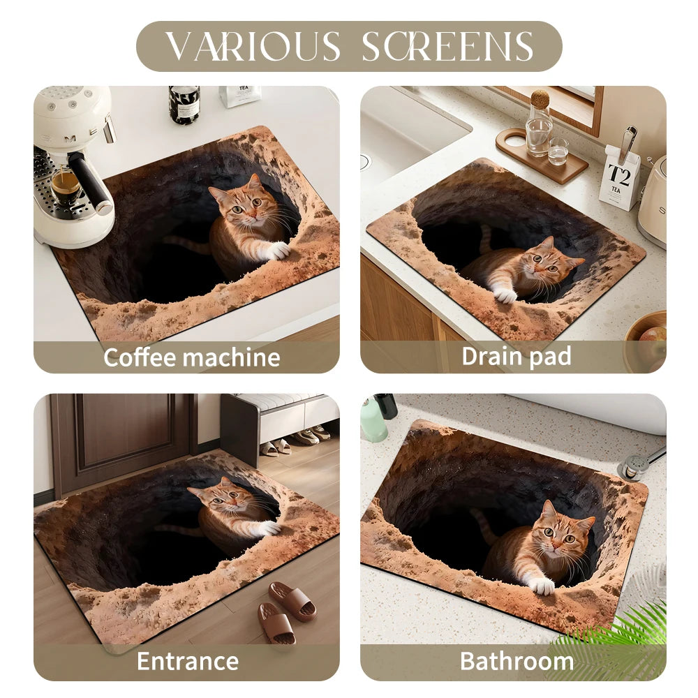 3D Optical Illusion Cute Cat Mat Welcome Mat Area Rug Non-Slip Floor Mats Stairs Rugs for Doormat