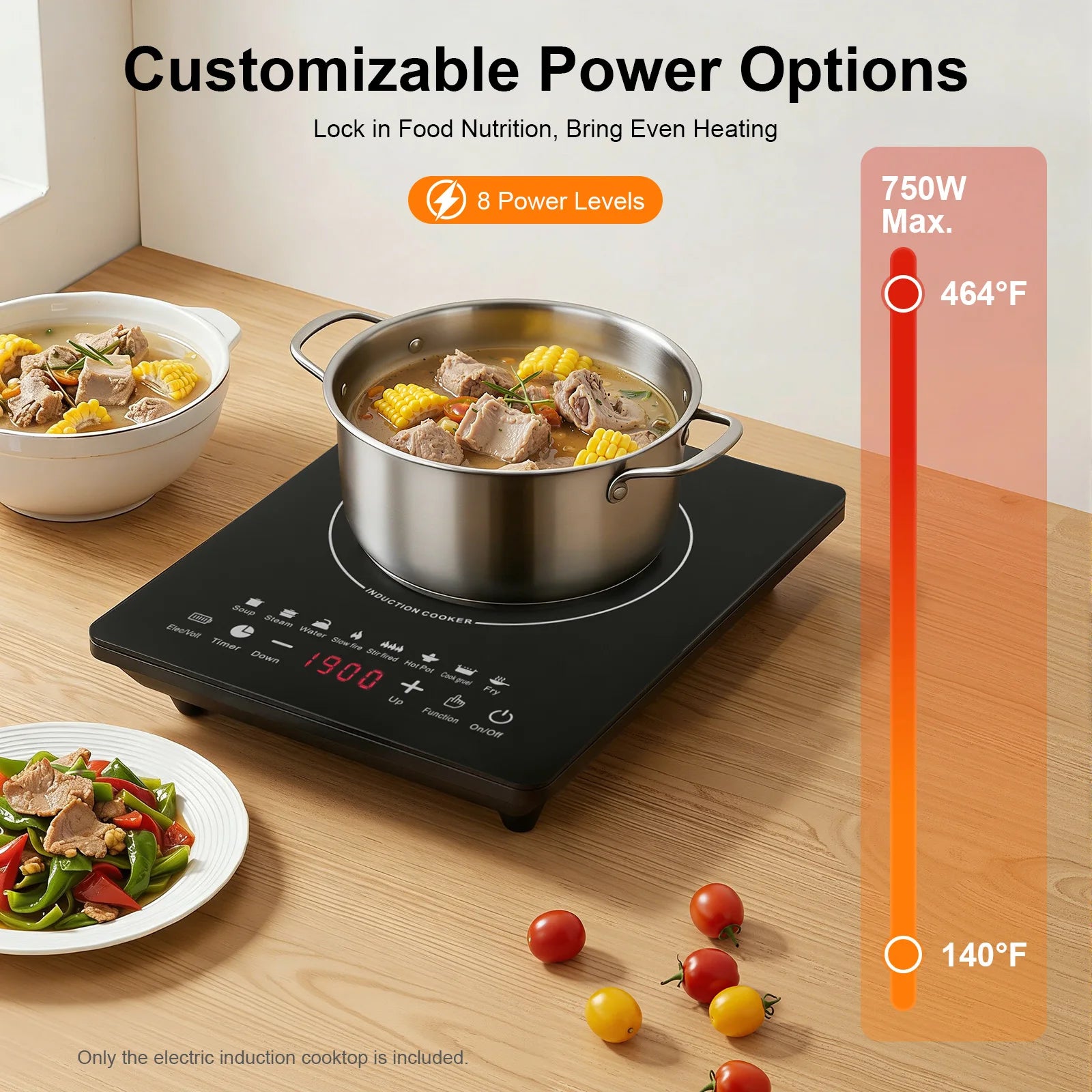 750W Electric Induction Cooker Glass PP Body 8 Presets Temp Adjustable for Dorm RV Home Restaurant & Hot Pot Use