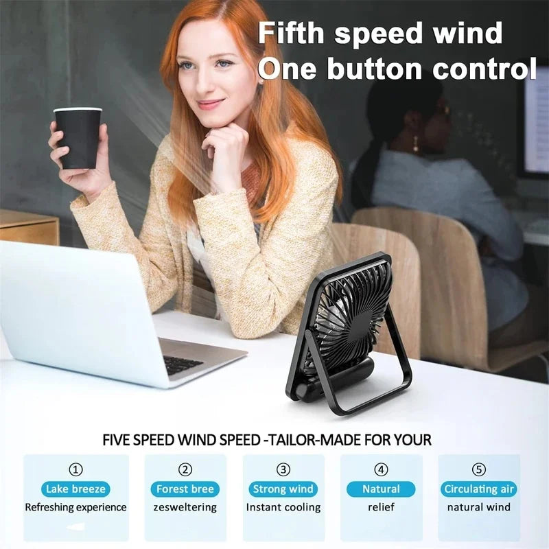 USB Rechargeable Foldable Desk Fan 180° Tilt Personal Fan, 5 Speeds Ultra Quiet With Power Display For Office Bedroom Travel
