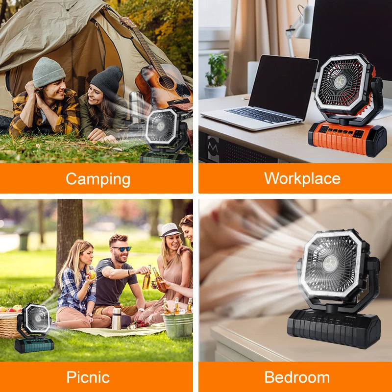Camping Fan 20000mAh Battery Powered Fan Rechargeable with LED Light Portable Outdoor Tent Fan with Hanging Hook 4 Speeds Wind
