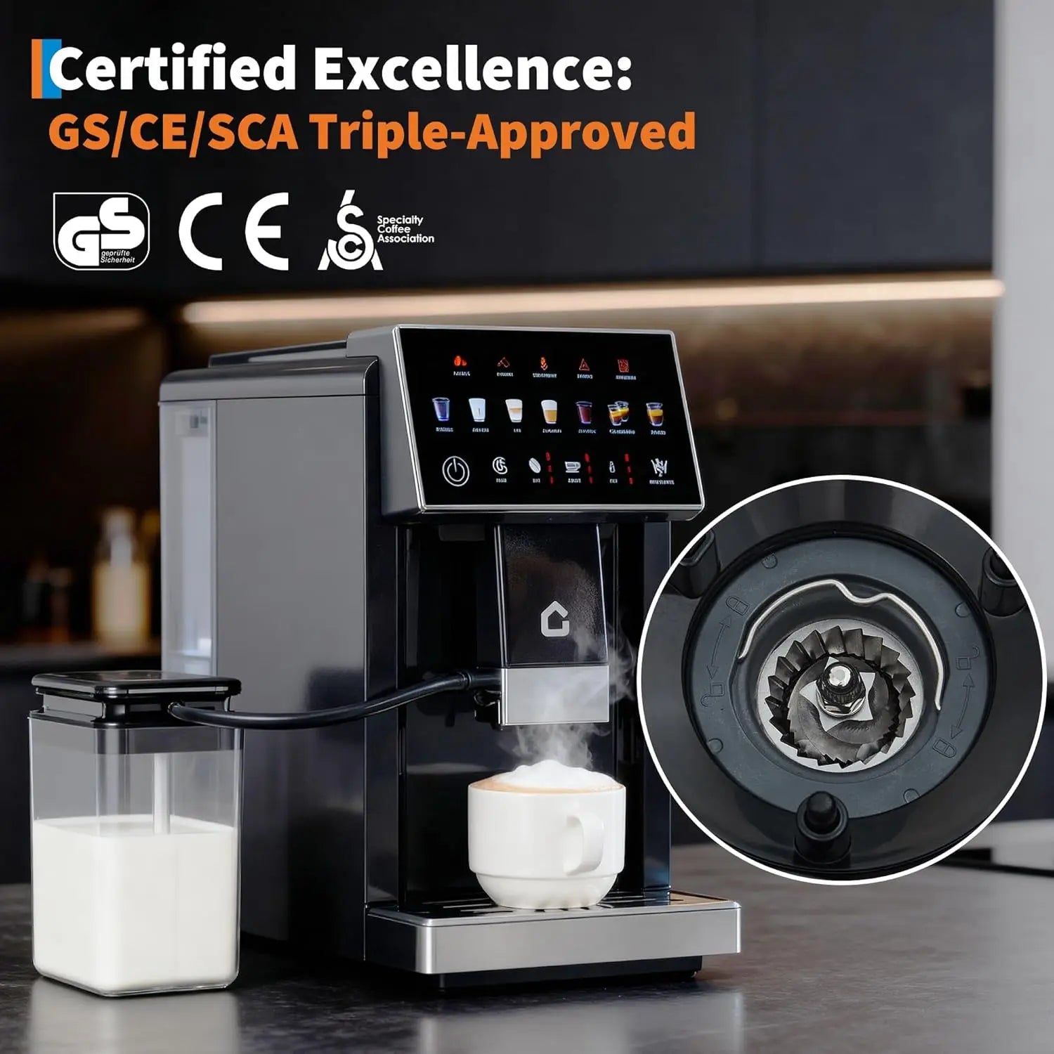 3rd-Gen Espresso Coffee Maker with Milk Frother - Removable Brewer & Grinder, Adjustable Coarseness/Flavor, Detachable Milk Tank