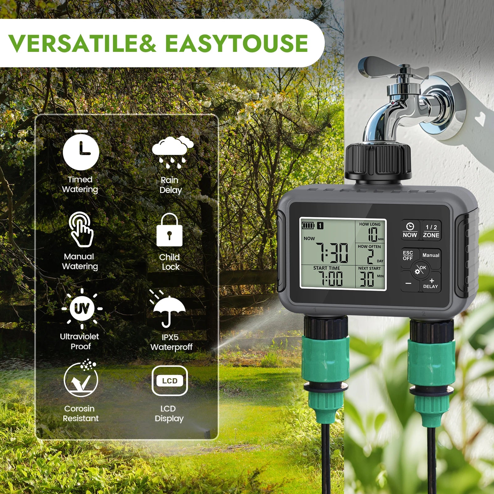 Super Timing System 2-Outlet Water Timer Precisely Watering Up Outdoor Automatic Irrigation Fully Adjustable Program