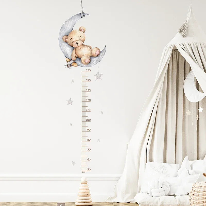 Large Sleeping Elephant Bear Moon Height Measure Wall Stickers for Kids Room Growth Chart Animals Ruller Wall Decals Home Decor