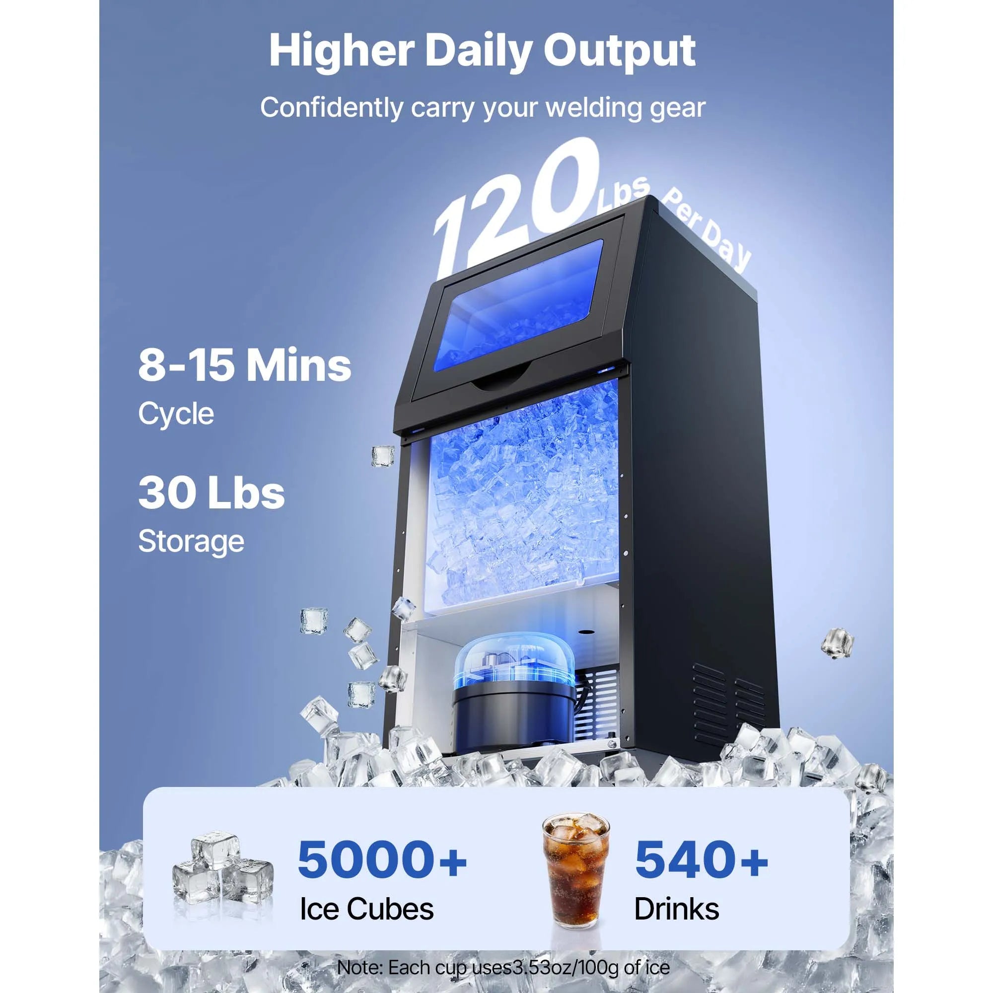 SucceBuy Commercial Ice Maker Machine 120/150 lbs/24h with 30 lbs Storage Capacity Built-in/Freestanding/Under Counter for Home