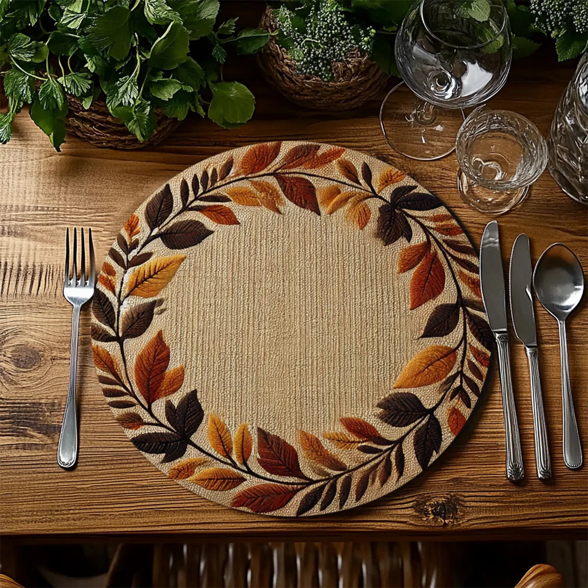 VIKAMA 4PCS Autumn Leaf Wreath Design Round Placemats Kitchen Dining Room Decor Home Accents Heat Resistant Placemats
