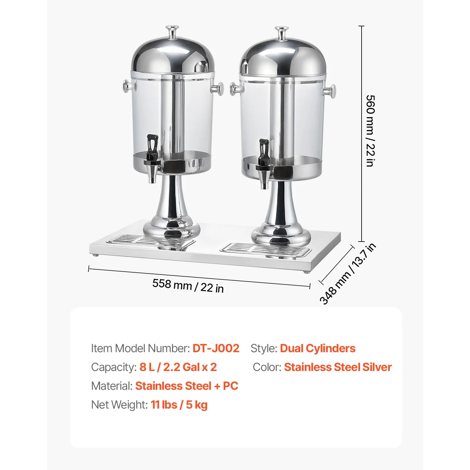 SucceBuy Beverage Dispenser 2.1 Gallon x2 Drink Dispenser, Stainless Steel + Plastic with Spigot Chamber Tray for Restaurants