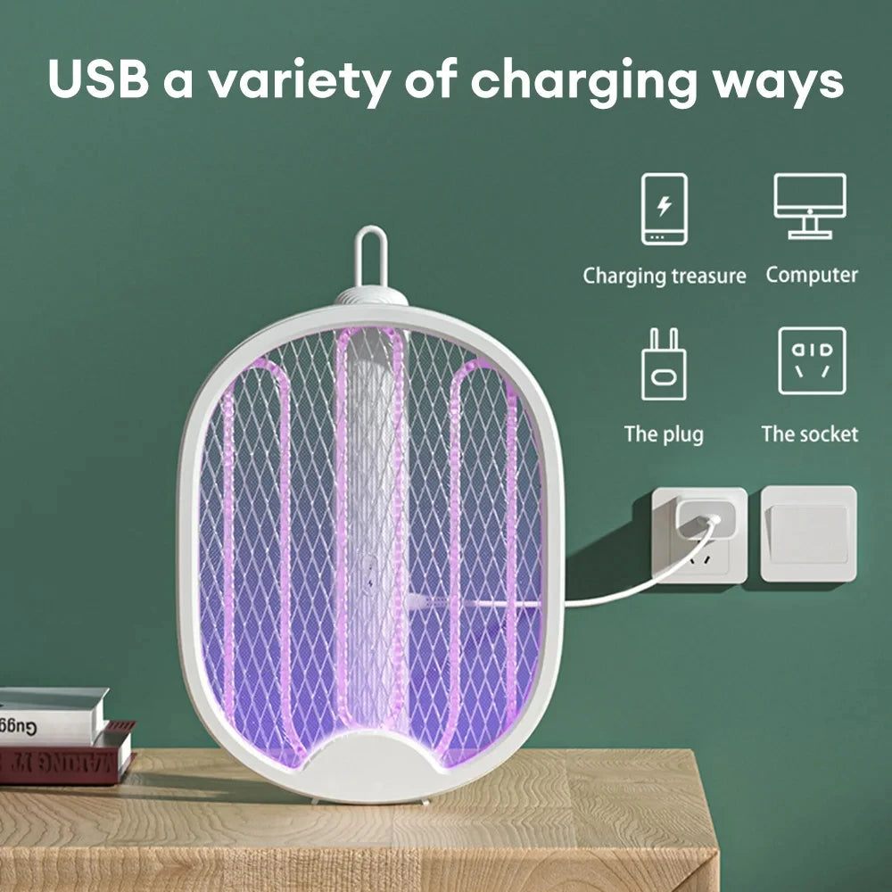 Foldable Electric Mosquito Killer Racket - 3000V Bug Zapper with UV Light, USB Rechargeable Fly Swatter Insect Trap