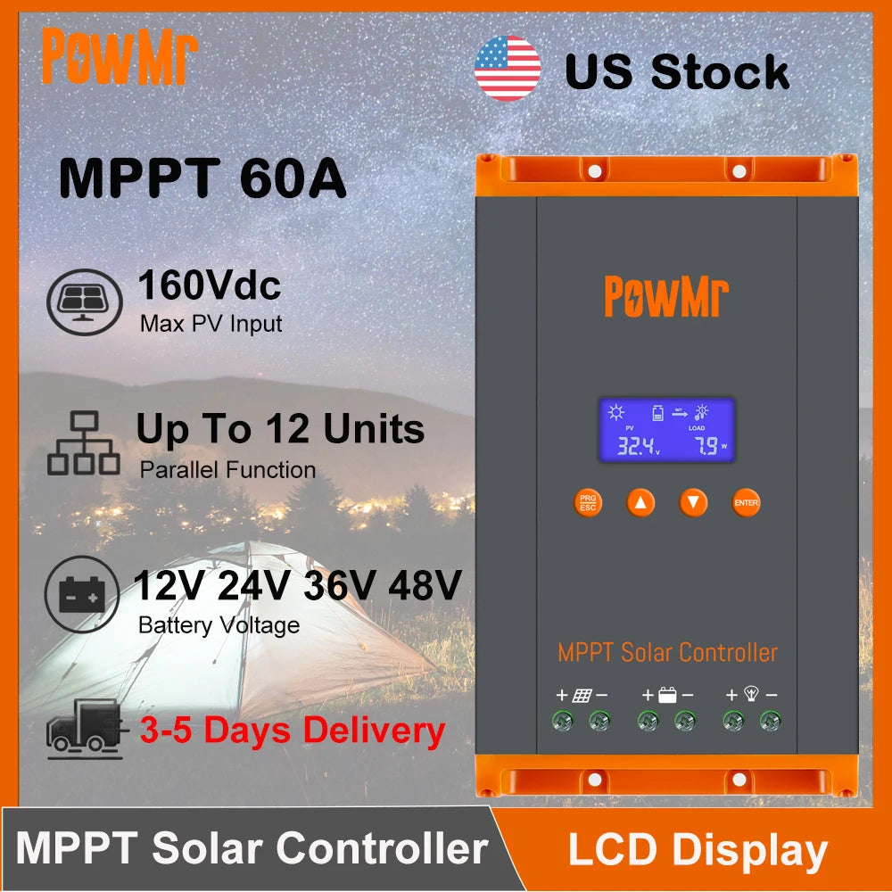 PowMr 60A MPPT Solar Charger Controller 12V/24V/36V/48V LCD Dispaly Max Solar Panel PV 160V Support Parallel Max 12 Units Fit for Home RV Boat Camp