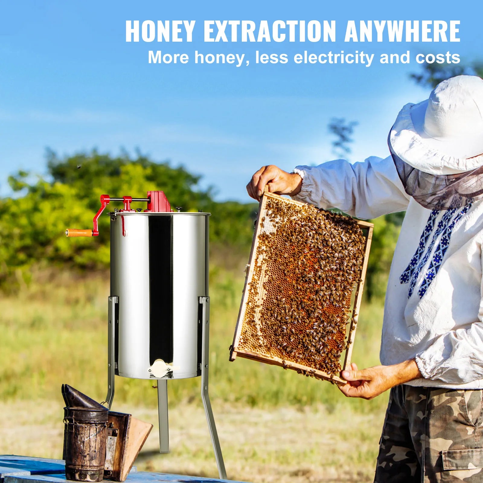SucceBuy Manual Honey Stainless Steel Beekeep Extractor Honeycomb Drum Spinner with Lid Adjustable Apiary Centrifuge Equipment