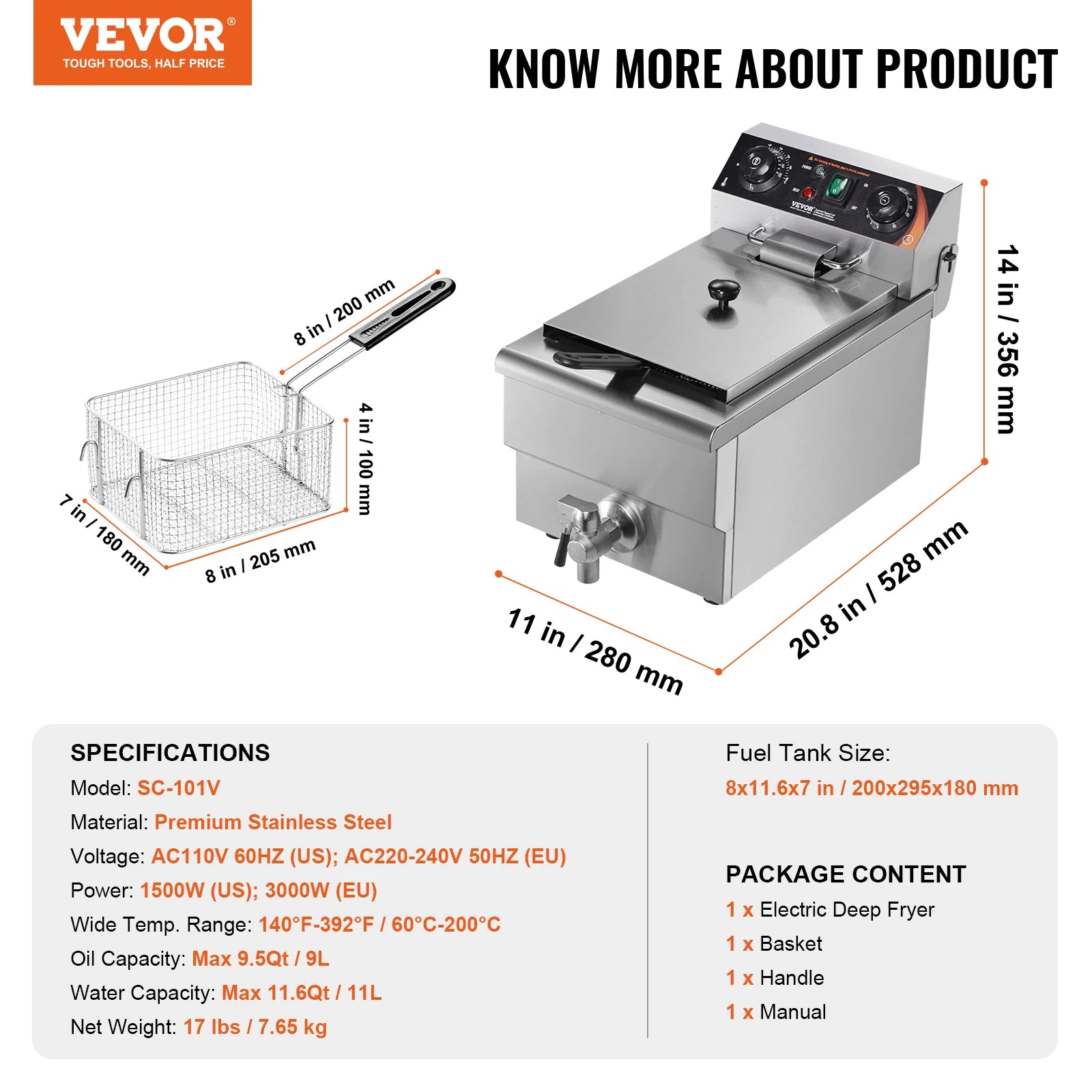 SucceBuy Commercial Deep Fryer Electric Countertop Fryer with Basket 11.6Qt Stainless Steel Single Oil Fryer w/Time&Temp Control