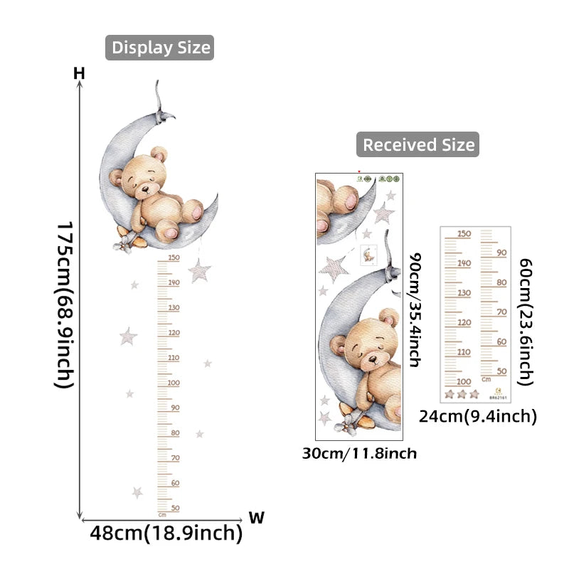 Large Sleeping Elephant Bear Moon Height Measure Wall Stickers for Kids Room Growth Chart Animals Ruller Wall Decals Home Decor
