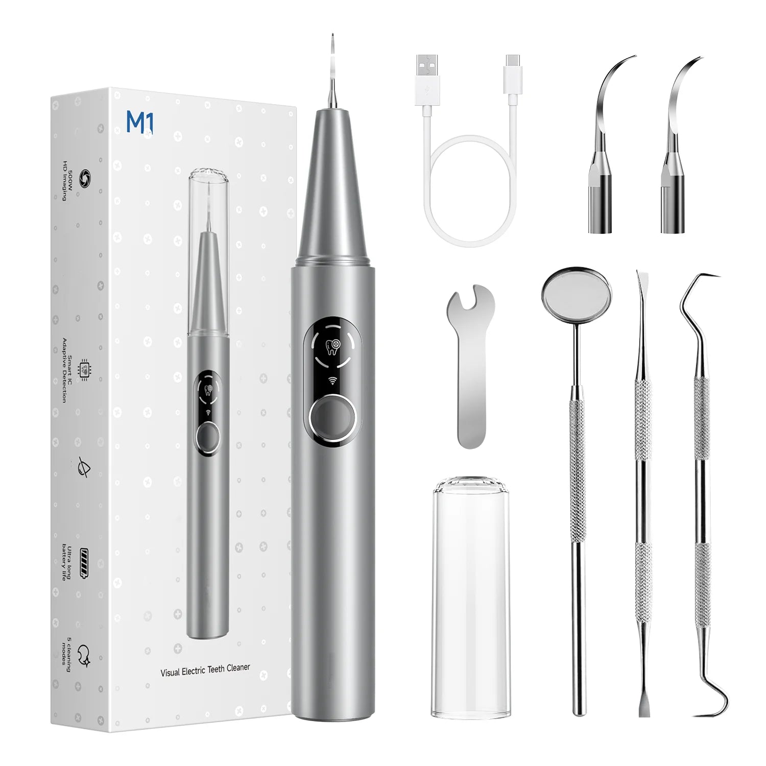 CURVY MOON Visible Ultrasonic Teeth Cleaner Electric Dental Scaler Tarter Calculus Plaque Removal Teeth Stains Cleaning Tools