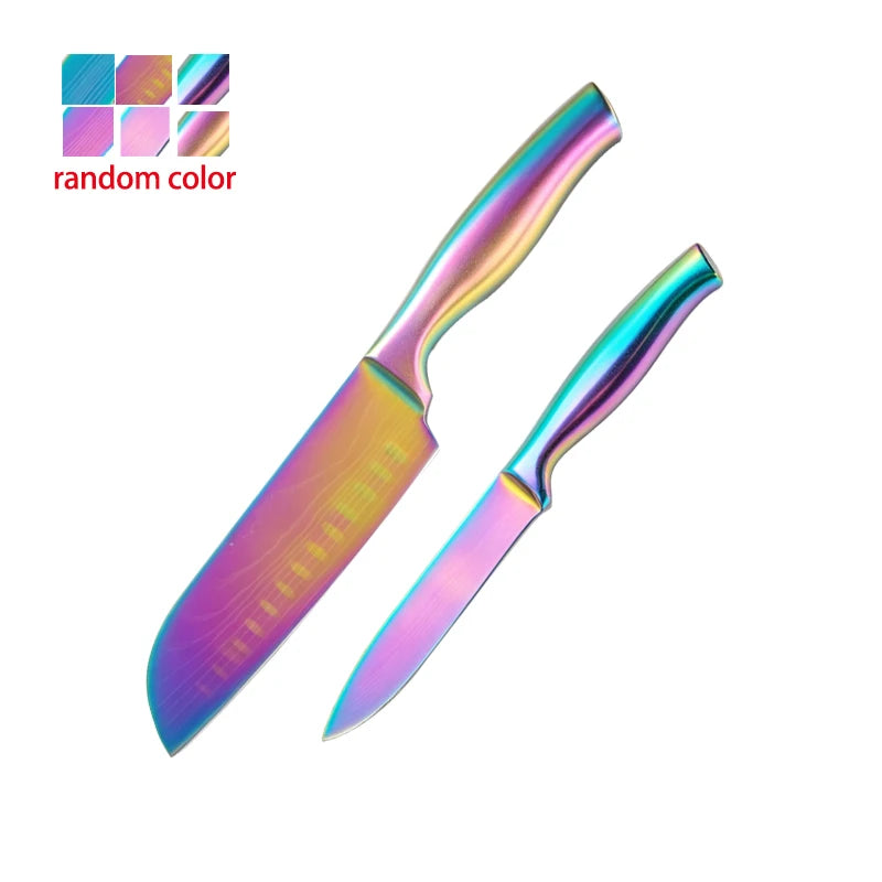 BAFENGS Rainbow Knife Set, Laser Printed Damascus Pattern, Stainless Knives, Chef Bread Santoku Utility Knife, Kitchen Scissors