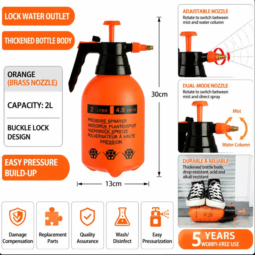 1 Pack Handheld Pump Sprayer, Garden Pressure Water Spray Bottle with Adjustable Brass Nozzle for Garden Lawn 2 Spray Mode