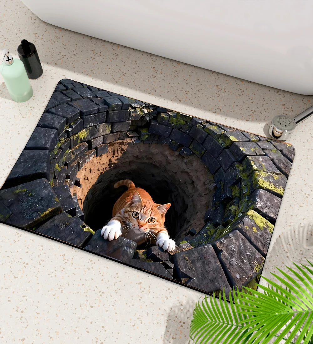 3D Optical Illusion Cute Cat Mat Welcome Mat Area Rug Non-Slip Floor Mats Stairs Rugs for Doormat