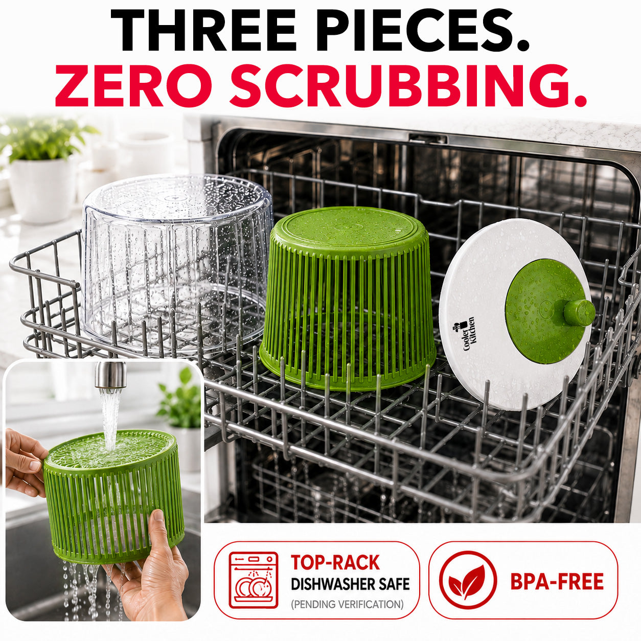 Cooler Kitchen Small Salad Spinner — Mini Lettuce Spinner and Dryer with Measuring Cup Bowl — Compact Veggie & Fruit Washer, Salad Dryer Spinner — Dishwasher Safe, BPA-Free