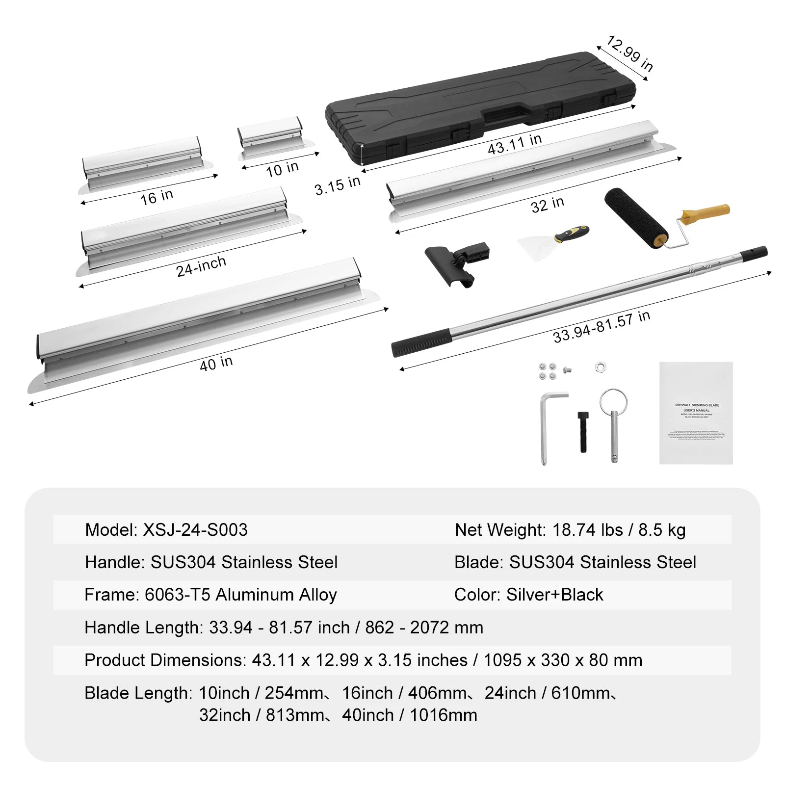 SucceBuy Drywall Skimming Blade Set 10/16/24/32/40 inch Skimming Blades + 34-81.6 in Extension Handle Pole Stainless Steel Knife