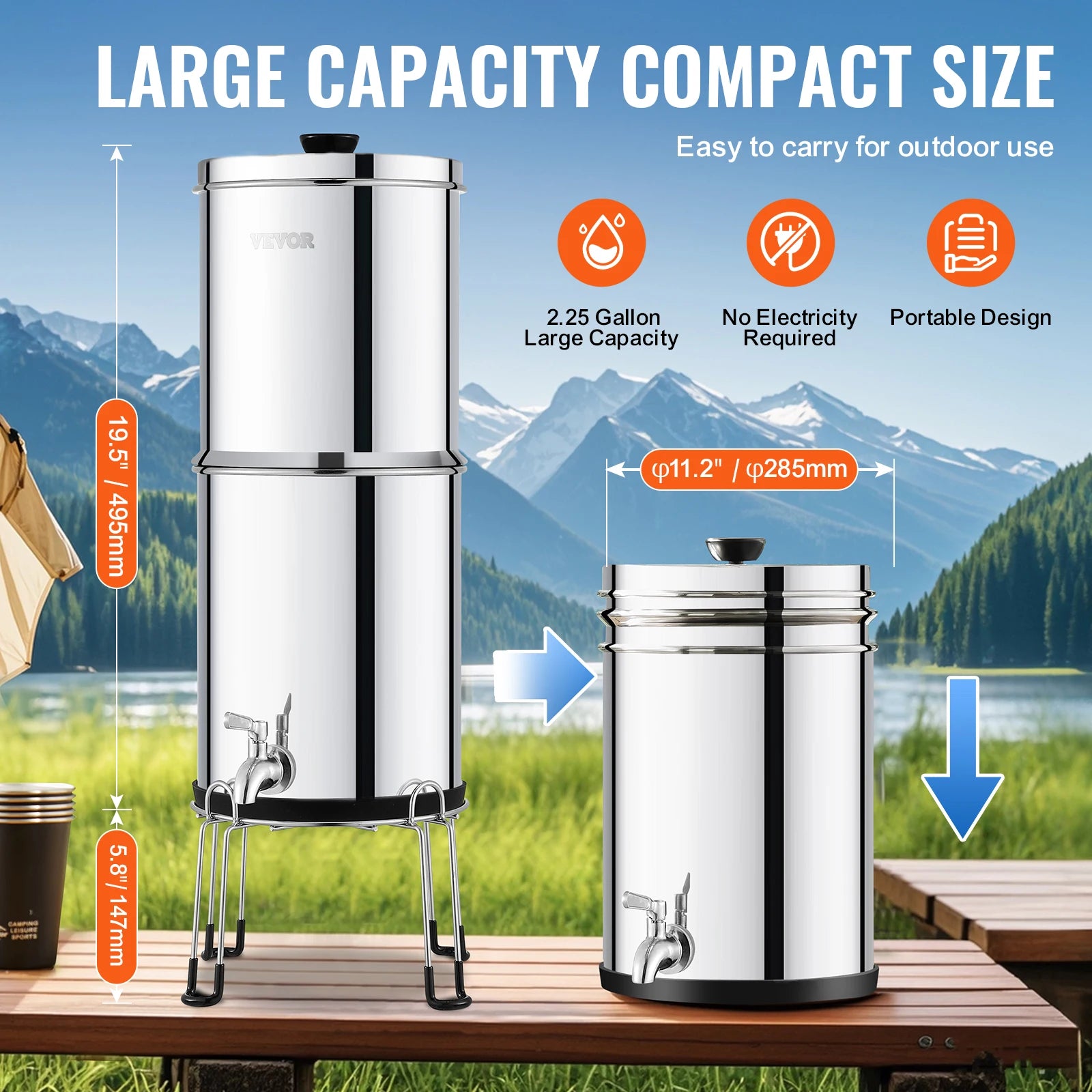 SucceBuy Gravity-fed Water Filter System 2.25 G 304 Stainless Steel Countertop Water Filtration System with 2 Carbon Filters