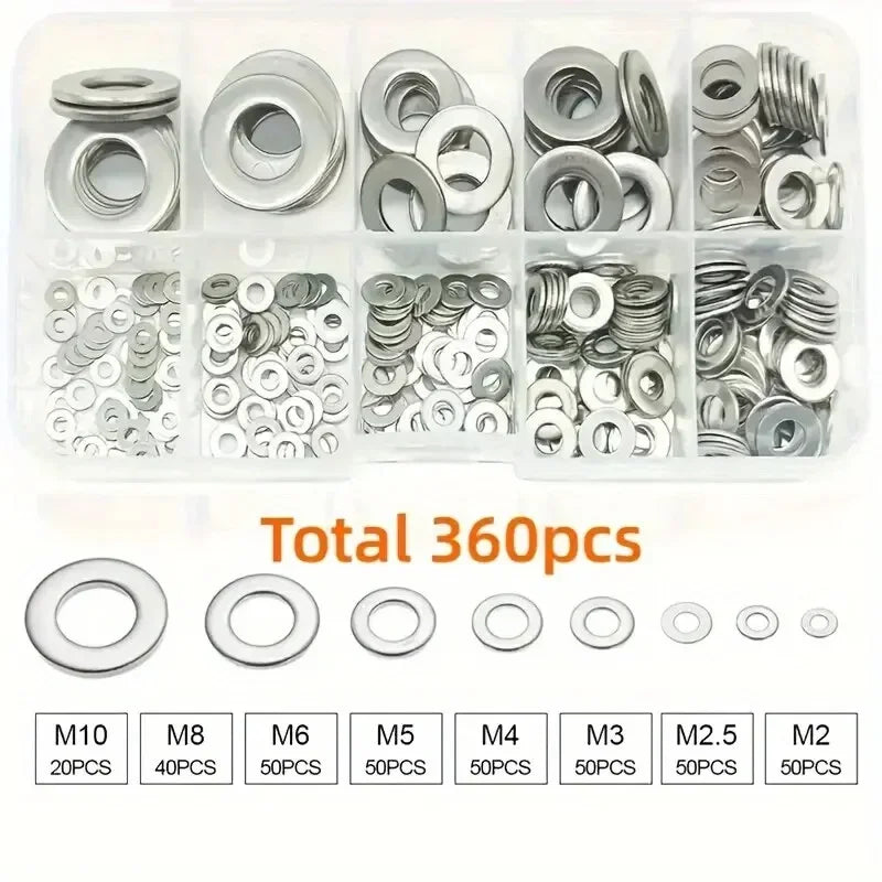 360pcs 304 Stainless Steel Flat Washers Set, Perfect For Home Decor, Factory Repair, Kitchens, Shops & More