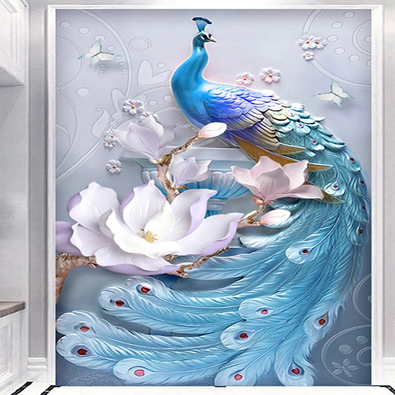 Custom Any Size Mural Wallpaper 3D Stereo Relief Blue Peacock Flowers Wall Painting Living Room Hotel Entrance Backdrop Wall 3 D