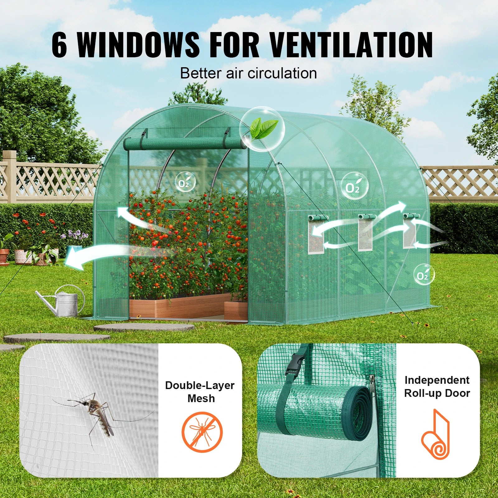 SucceBuy Walk-in Tunnel Greenhouse Hoop House Greenhouse Tunnel Plant House with Steel Frame Green PE Cover Roll-up Zipper Door