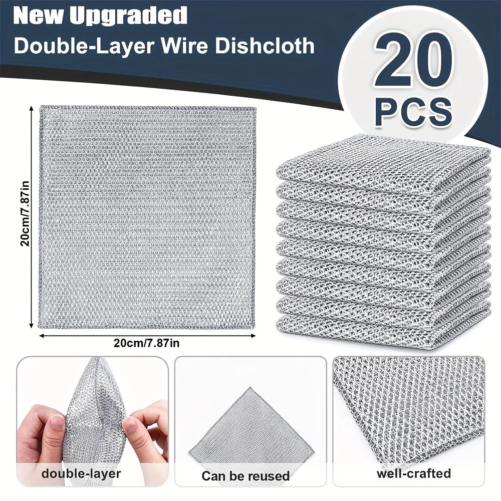 20-5pcs Thickened Steel Wire Cleaning Cloth Non-Scratch Double-layer Iron Microfiber Mesh Dishrag Washing Pot Rags Kitchen Towel