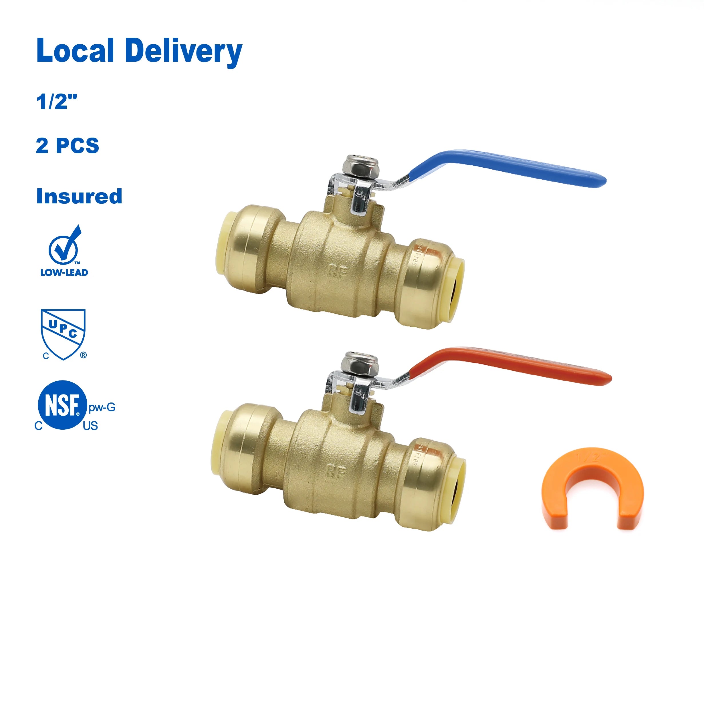 KING SMART 1/2" Push Fit 1/4 Turn Full Port Push Fit Ball Valve; for Hot and Cold Water System; 2Pcs/Case; 80514