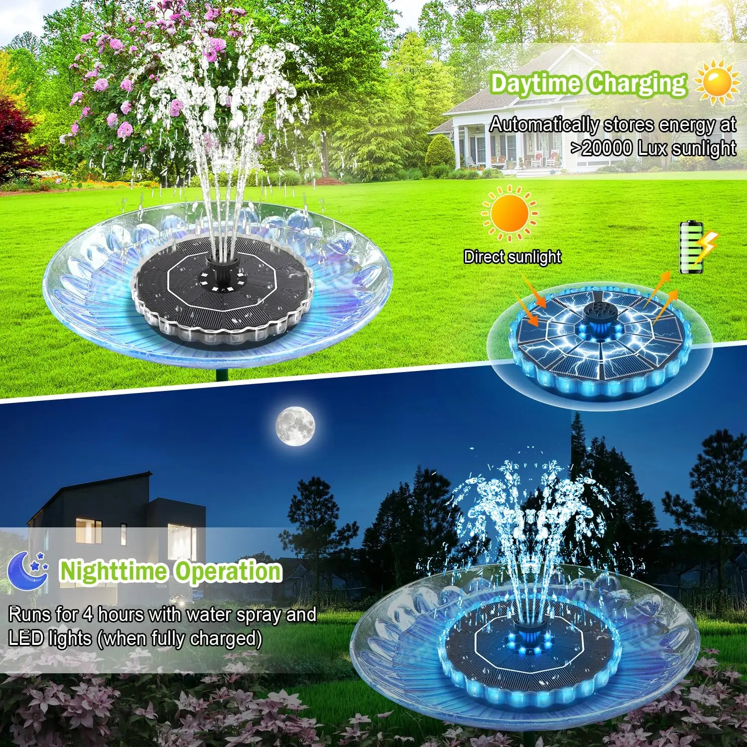 3.5W Solar Fountain for Bird Bath 3D Color LED, Anti-Drift Fixer, 8 Nozzles, Solar Pump Kit for Garden Patio Pond