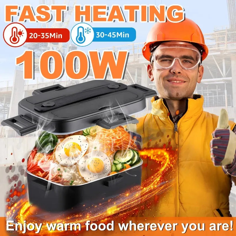 100W Temperature‑Control Electric Lunch Box,1.8L 304 Stainless‑Steel Food Heater,12V/24V Car & Household Dual‑Use Portable Heated Bento Box with Digital Temp Display for Office,Travel