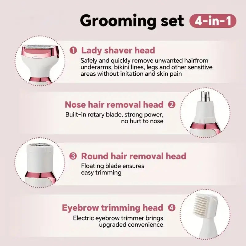 4-in-1 Rechargeable Electric Lady Shaver Set - 500mAh Portable Wet/Dry Trimmer for Face, Nose, Legs & Underarms