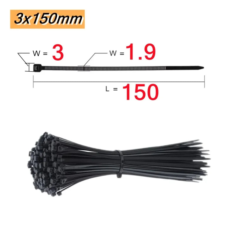100 Self-Locking Plastic Nylon Cable Ties, 100 Black Cable Ties, Fixed Ring-Style Cable Ties, Zip-Style Fasteners, Nylon Cable Tie Set