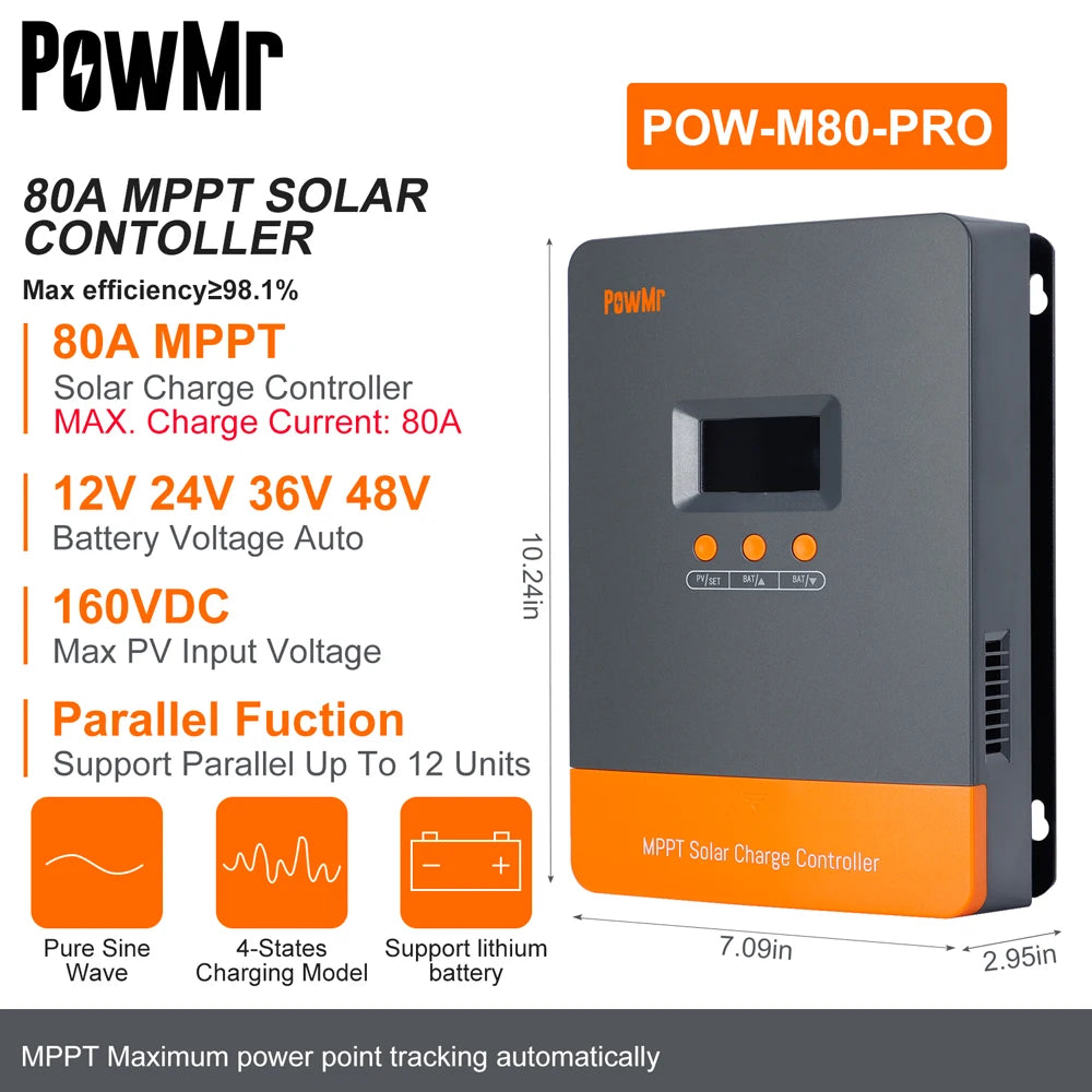 PowMr MPPT 100A 80A Solar Charge Controller 12V 24V 36V 48V Auto Solar Panels Regulator Parallel Up 12 Units For Lead LiFePO4 Lithium Battery