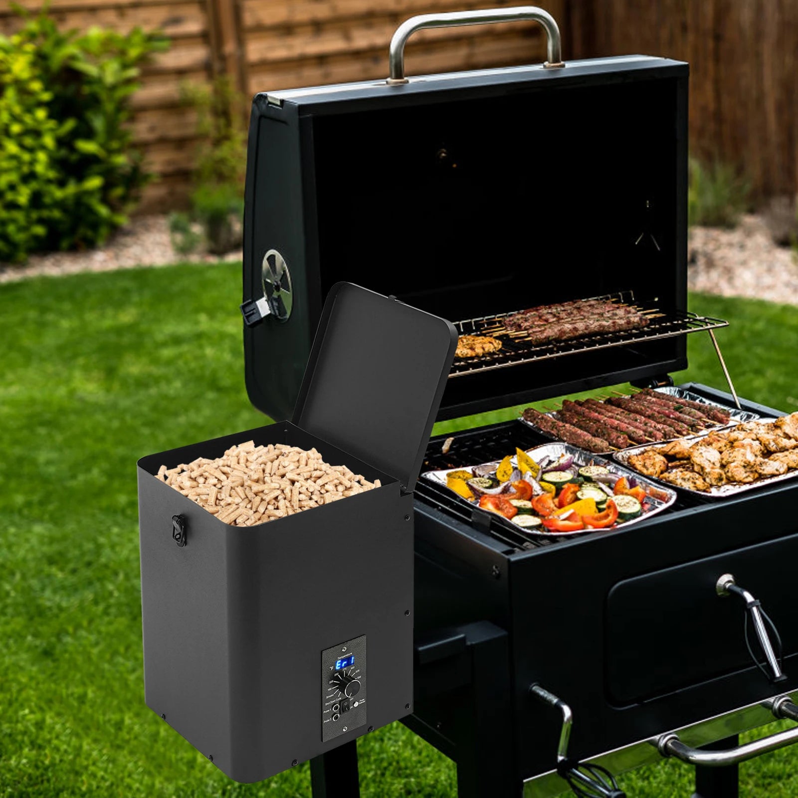 Pellet Smoker Hopper Assembly Kit, Precision Temperature Control 180-450℉ Dual-Functional Wind Mechanism for Yard Garden Camping