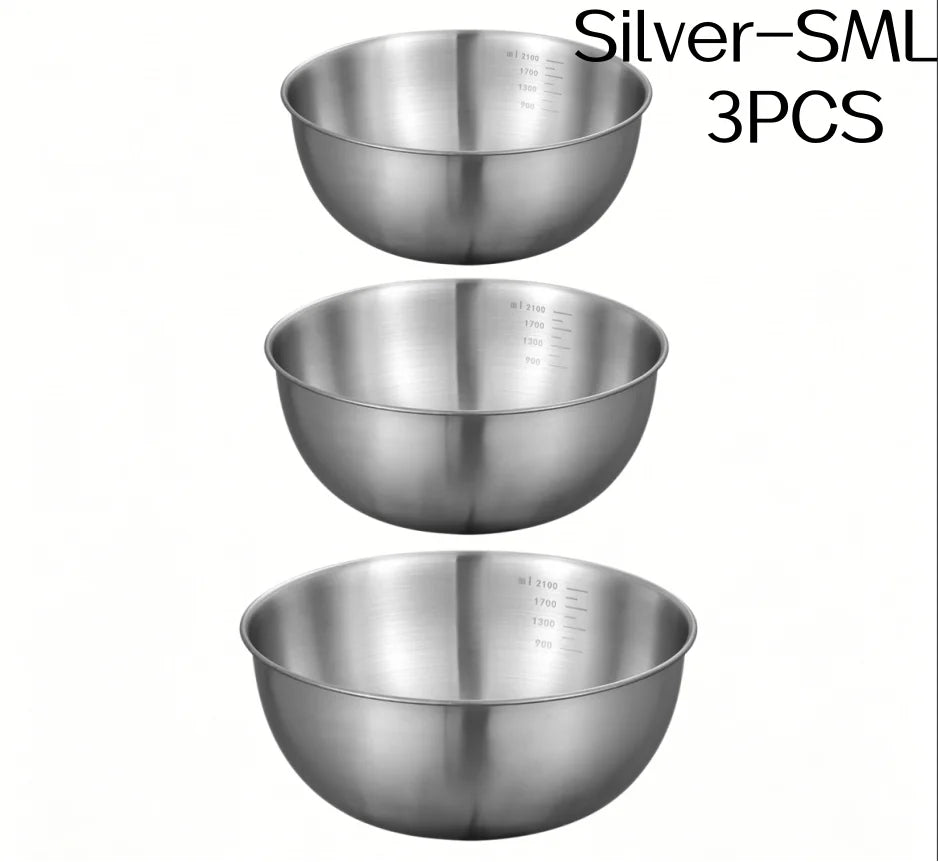 1/3pcs Stainless Steel Salad Bowl with Scale Large Capacity Flour Mixing Basin Multifunctional Bowls for Home Kitchen Essentials