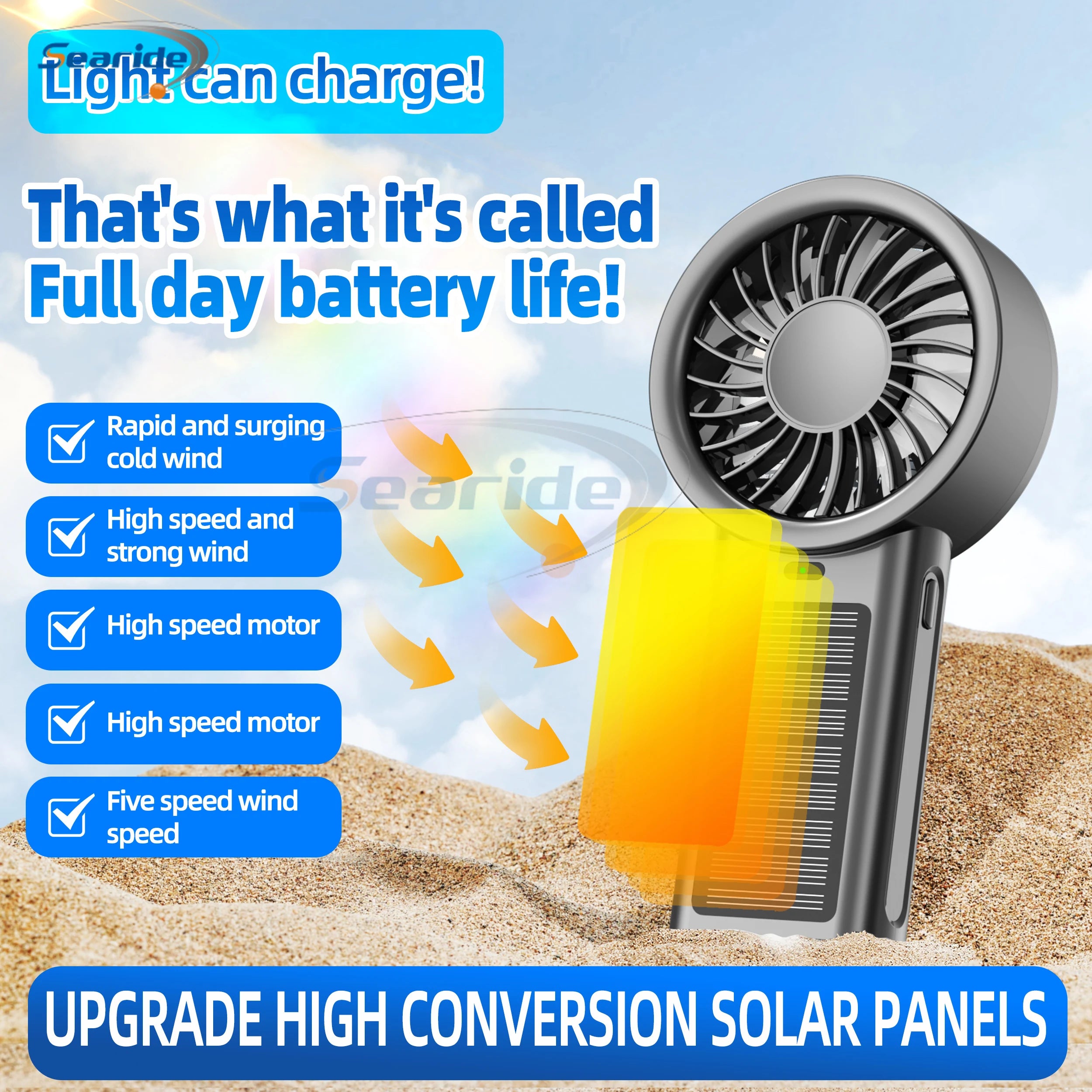 Solar Handheld Fan Small Dekstop Fan USB Light Rechargeable Portable Mini Air Cooling Hand Fan for Outdoor Camping Travel Hiking