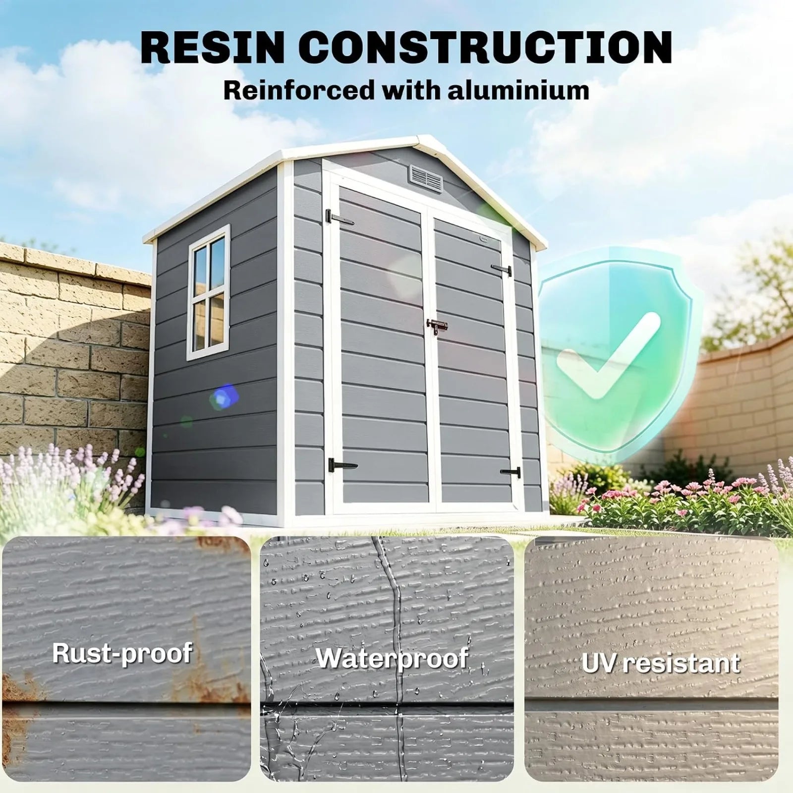 Outdoor Storage Shed Waterproof Resin with Floor Gray | With Floor, Window, Lockable Doors and Vents, All-Weather, Garden Tool Shed, for Backyard Patio Lawn
