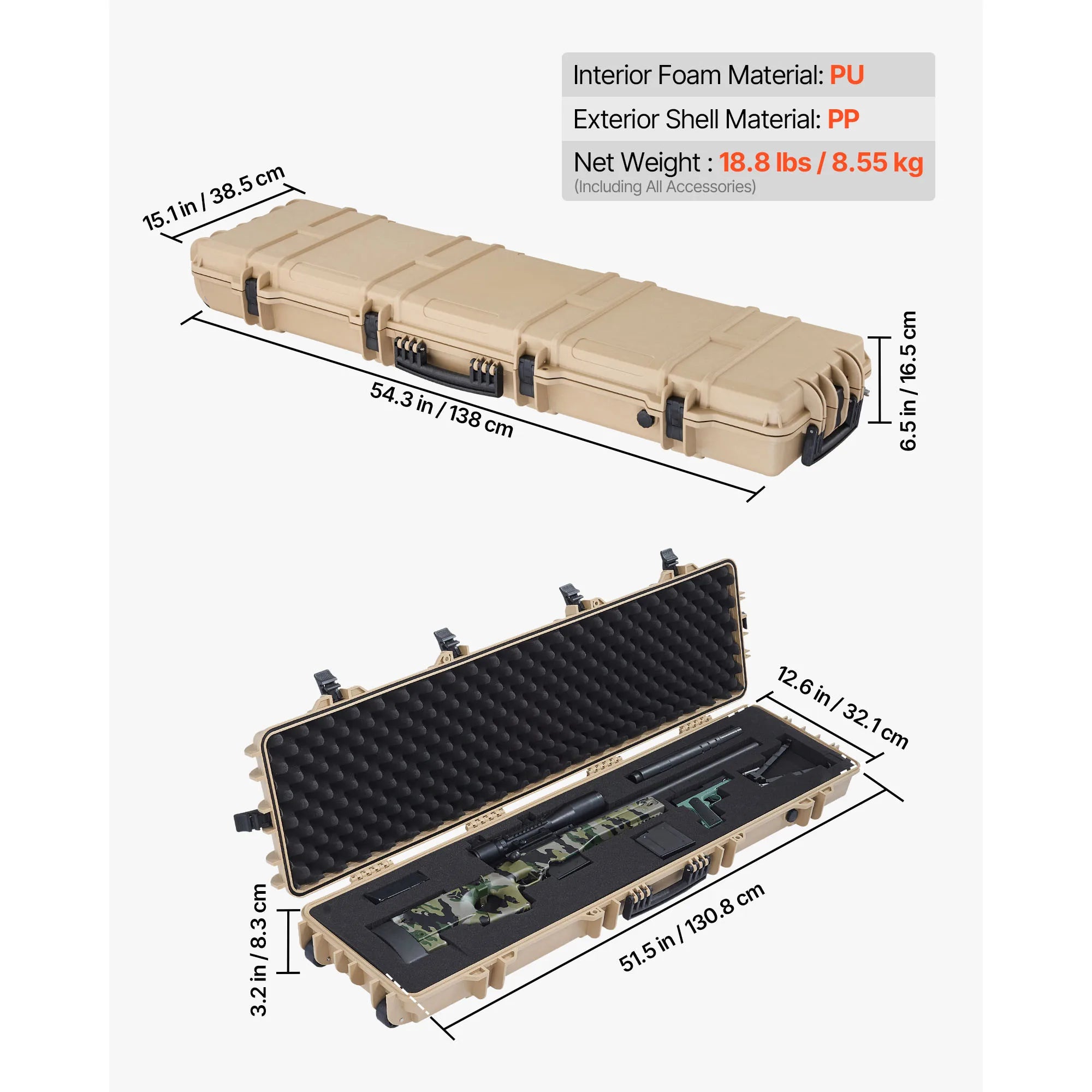 SucceBuy Hard Rifle Case Lockable Rifle Case with Pre-cut Foams Wheels IP67 Waterproof Pistol Storage Cases for Rifles Shotguns