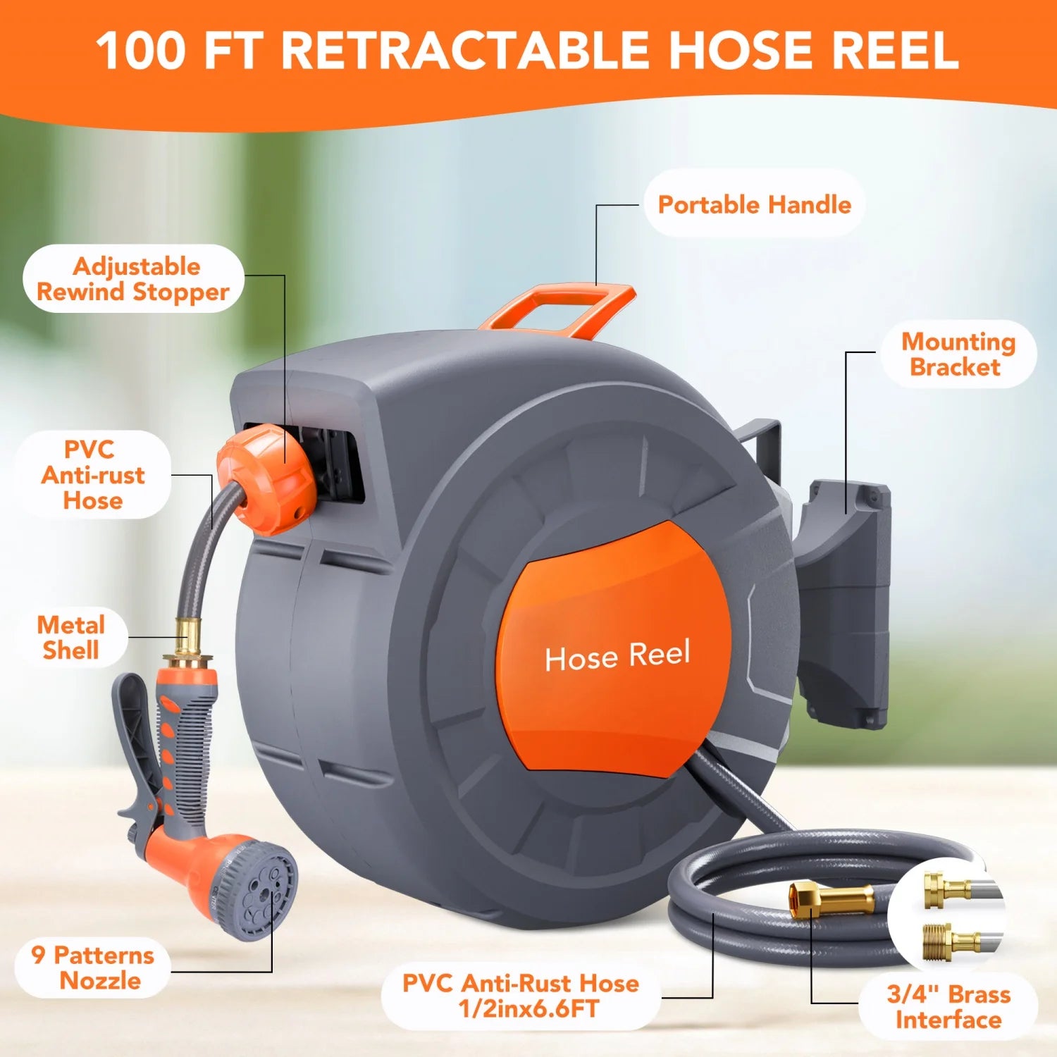 65ft/100ft Retractable Garden Hose Reel, 1/2" ID Automatic Rewind Water Hose, Wall Mounted Hose Reel with 9-Pattern Nozzle, Any Length Lock & 180° Swivel Bracket for  Yard, Car Wash, Gardening, Pet Wash, Deck
